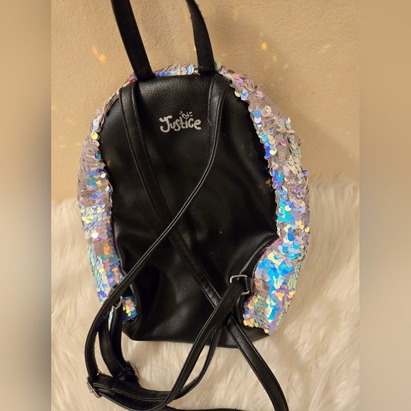 Justice Girls Mini Backpack Flip Sequin with Initial G, Silver & Pink Pom Pom - Picture 10 of 10